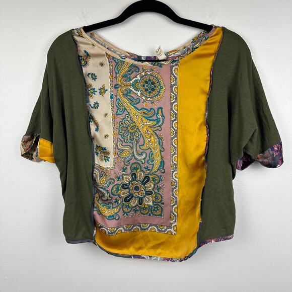 Tiny Womens Roll Tab Short Sleeve Scoop Neck Floral Paisley Green/Yellow Top XS - Picture 1 of 12